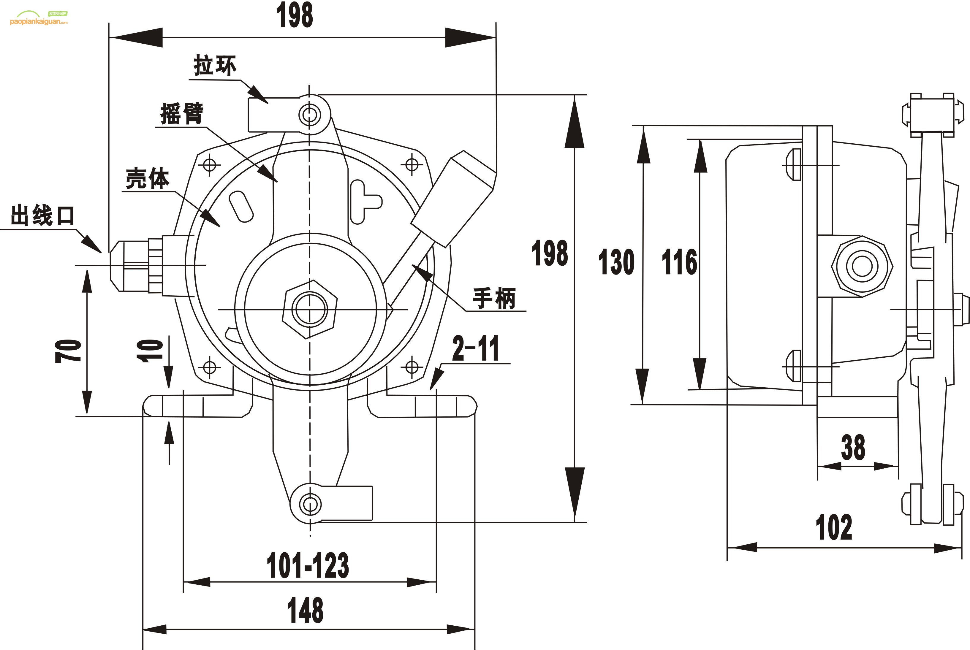 HFKLT2-I手动复位型拉绳开关组成结构尺寸图